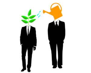 One business man growing from the knowledge being poured over him. Symbolized by a businessman with watering can head tiping water onto other businessman with a sprouting plant for head.